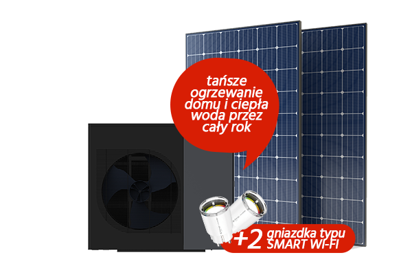 Wizualizacja zestawu PV z pompą ciepła oraz dwoma gniazdkami Wi-Fi