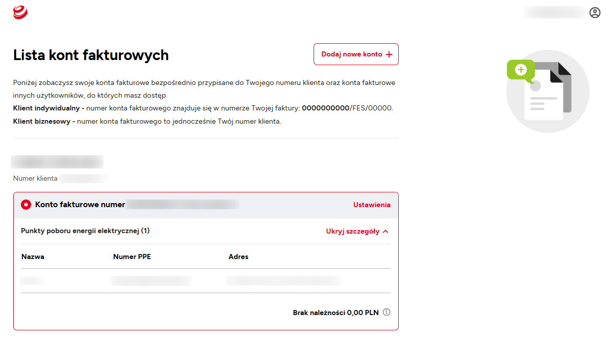 Screen ilustrujący listę kont fakturowych w ENERGA24