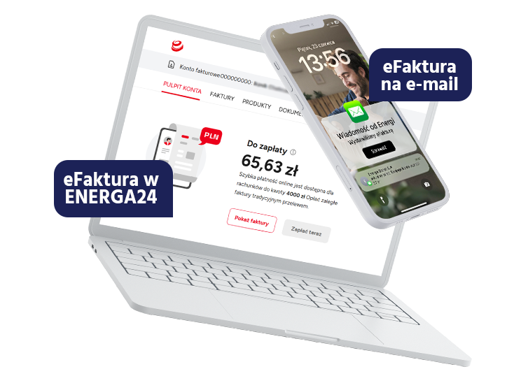 laptop oraz telefon prezentujące dwie możliwości odbioru eFaktury - na maila oraz w serwisie ENERGA24