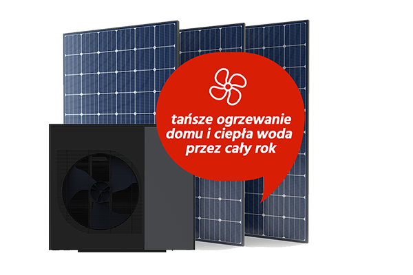 Ilustracja przedstawia zestaw paneli fotowoltaicznych z pompą ciepła na czerwonym dymku napis tańsze ogrzewanie domu i ciepła woda przez cały rok