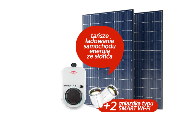 Ilustracja przedstawia zestaw paneli fotowoltaicznych z mobilną stacją ładowania i zestawem dwóch gniazdek typu smart wifi. W czerwonym dymku napis tańsze ładowanie samochodu energią ze słońca